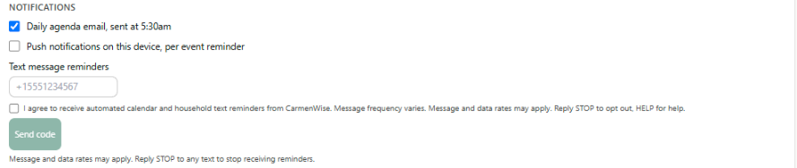 CarmenWise Notifications settings showing the phone number field, an unchecked consent checkbox reading 'I agree to receive automated calendar and household text reminders from CarmenWise. Message frequency varies. Message and data rates may apply. Reply STOP to opt out, HELP for help.', and a Send code button